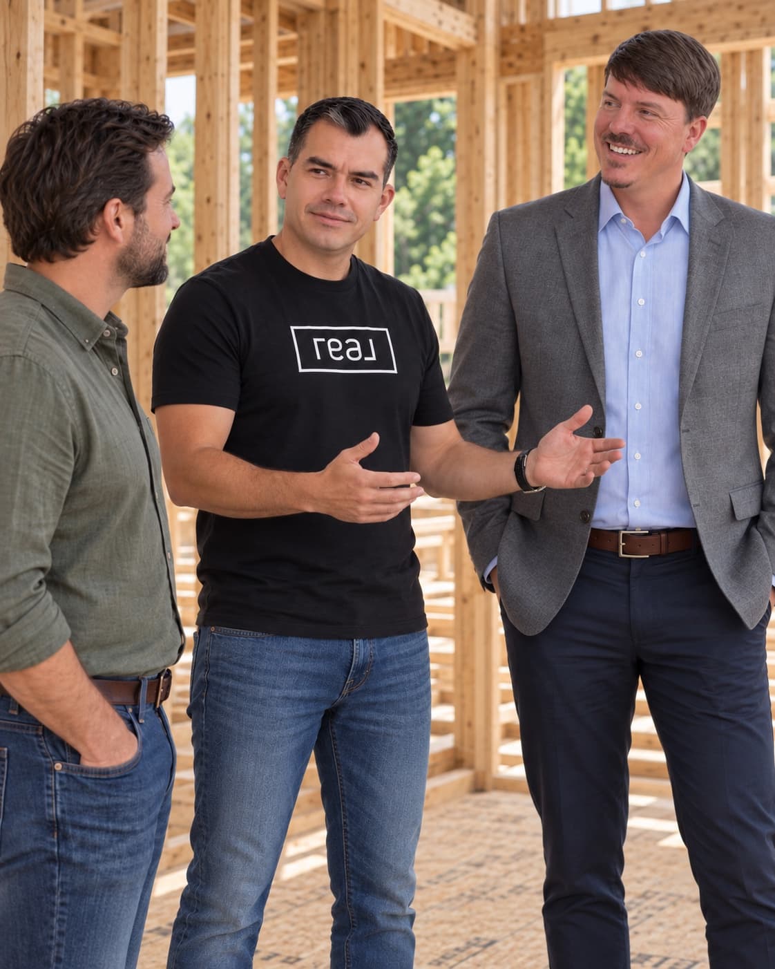 Carlos Bedoya walking a client through a home under framing