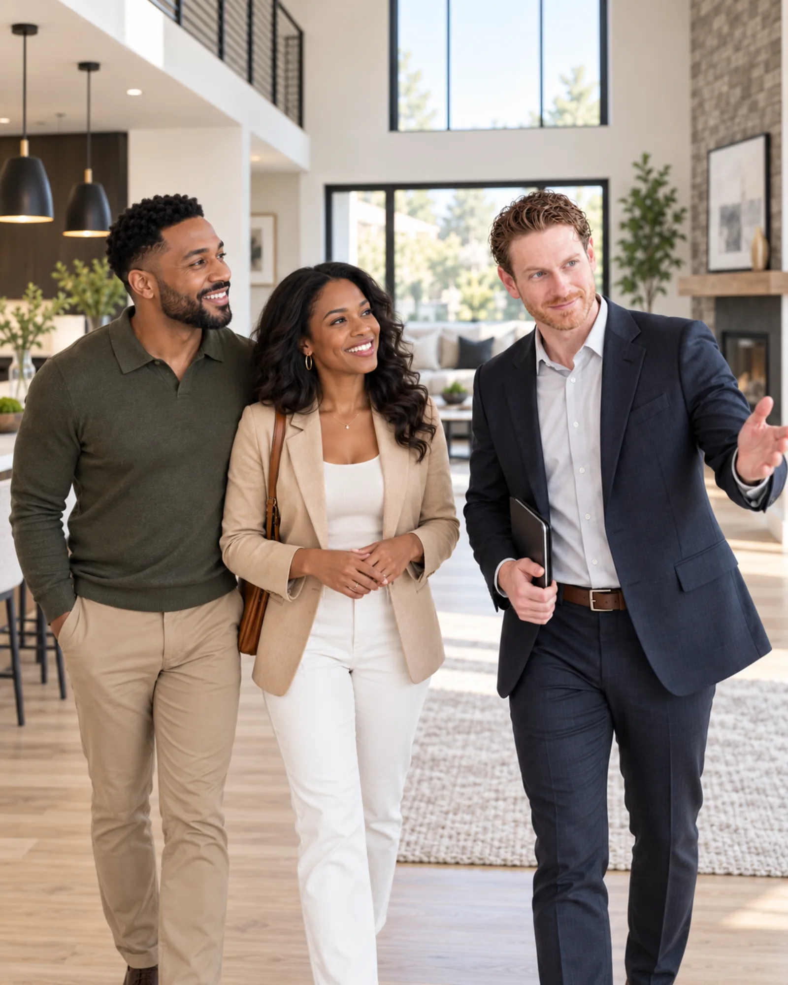 An agent walking a couple through a bright home, pointing out a feature