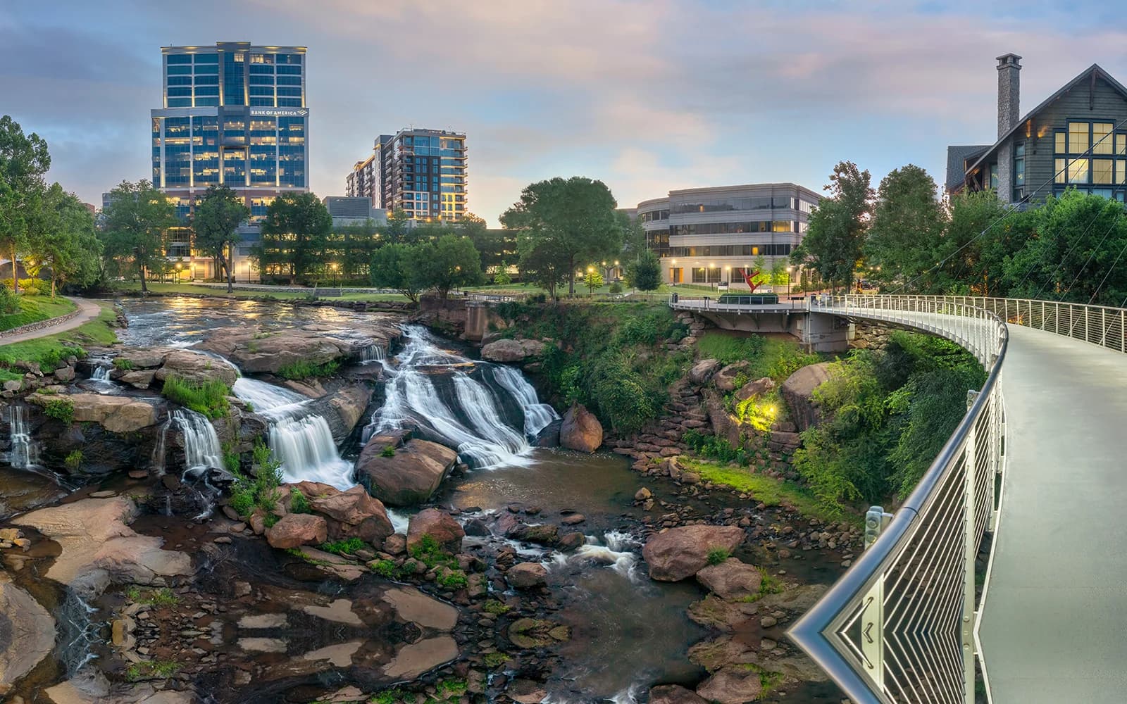 Falls Park on the Reedy, with the Liberty Bridge above the waterfall