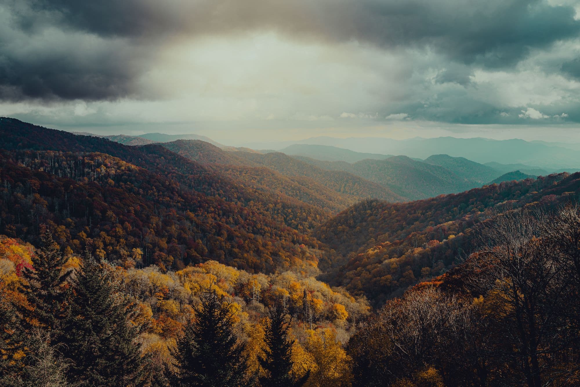 Layered mountain ranges blanketed in vibrant fall foliage under a cloudy sky