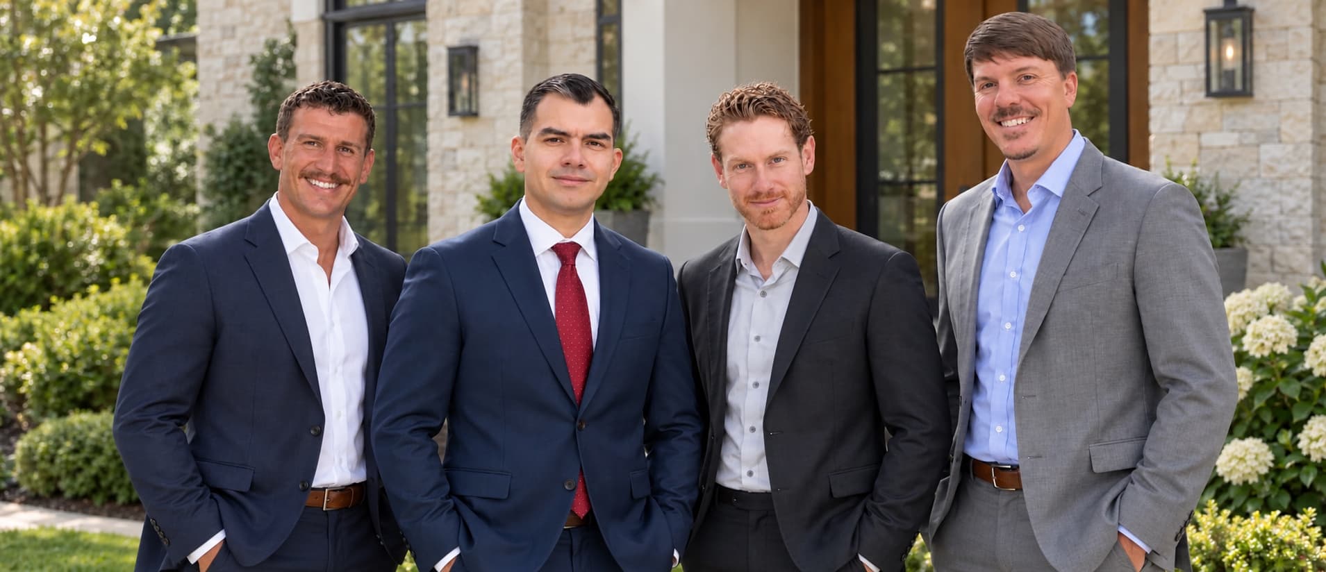 The Bedoya Team juntos frente a una casa en el Upstate